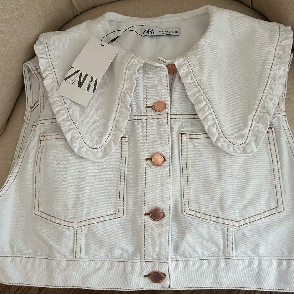 Zara White Denim Vest with Ruffled Collar